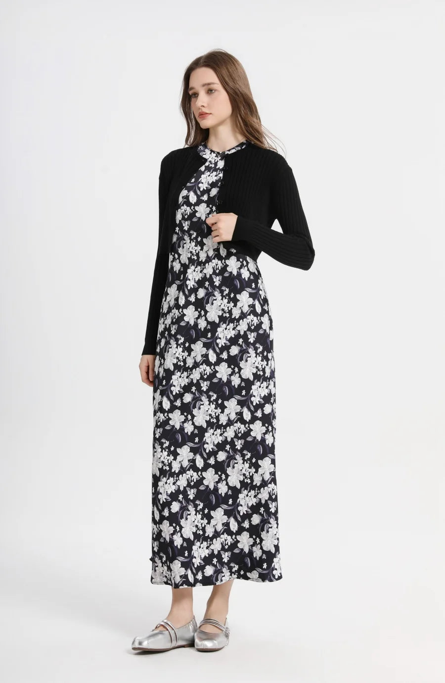 spring summer elegance satin dress + knitted top match set maxi floor length woman clothes