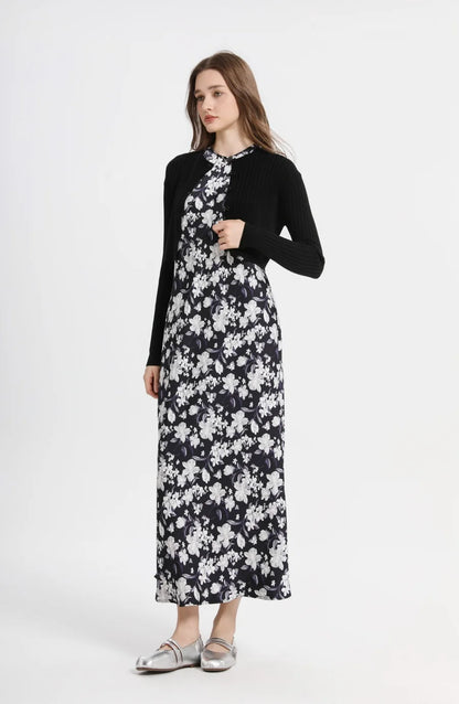 spring summer elegance satin dress + knitted top match set maxi floor length woman clothes