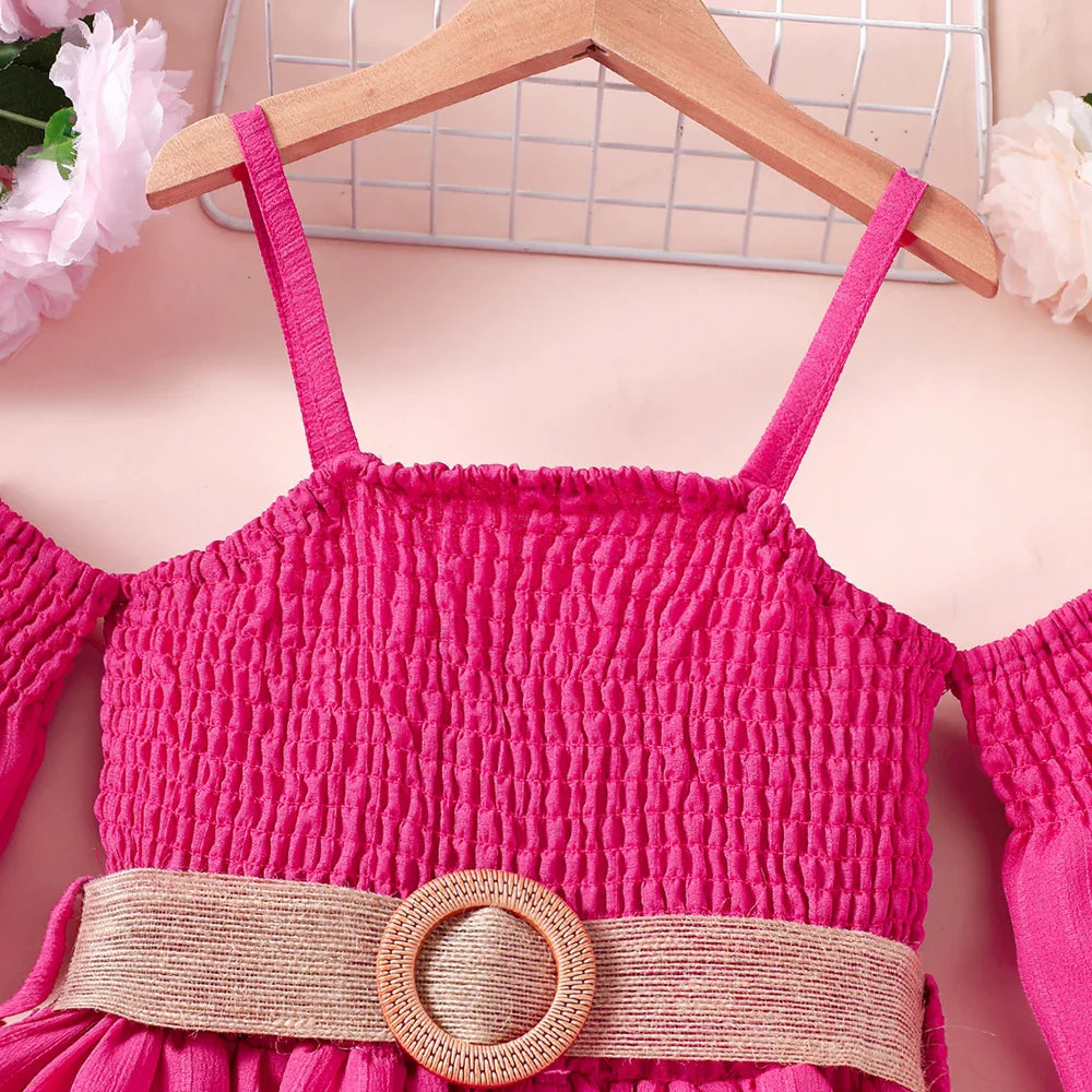 Vestido Feminino de Verão Ombro a Ombro Cinto Cor Sólida