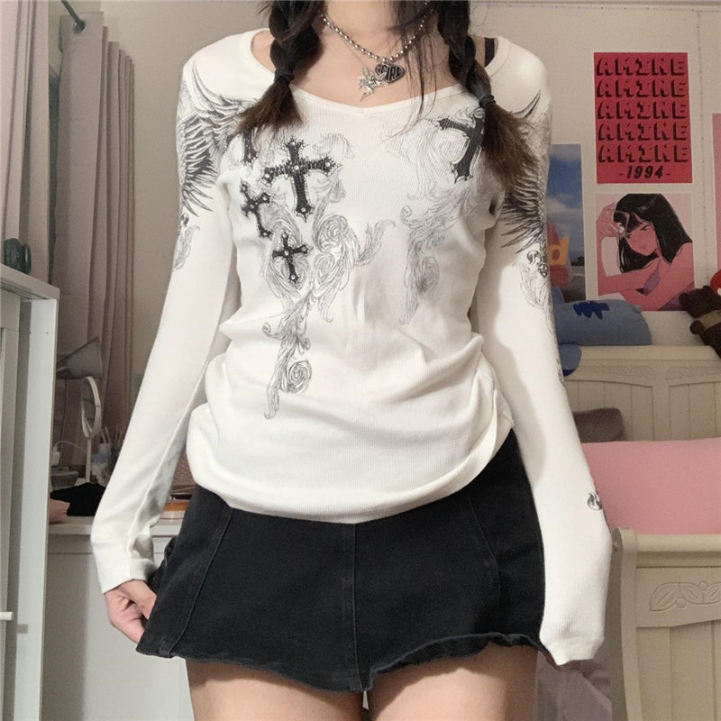 Y2k Graphic Cross Wings Print Long Sleeve Women Grunge Fairy T-shirt Harajuku Tee 2000s Aesthetic Punk Style Clothes Streetwear
