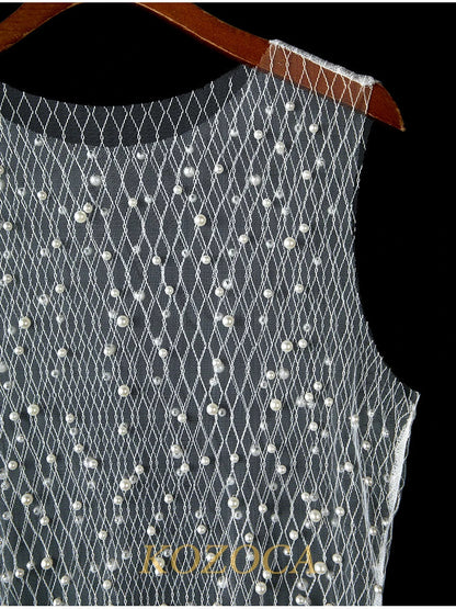 Pearl Tops Club Party Sexy See Through Hollow Tees Chic Beach Bikini Cover Up Female Fashion Unique White Tank Top Women