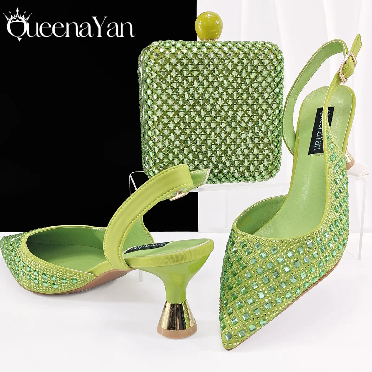 Italian Design Rhinestone Luxury Green Colour Pointed Toe Shoe & Bag Set Women's High Heels for Parties High Quality