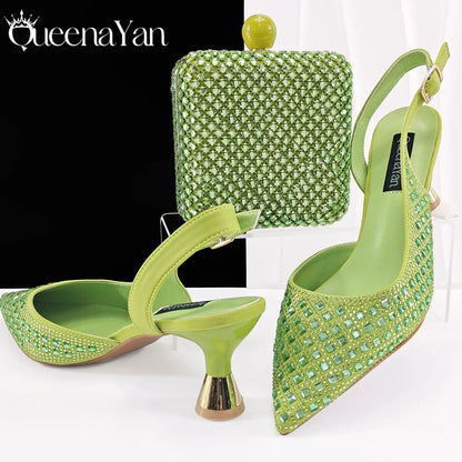 Italian Design Rhinestone Luxury Navy Blue Pointed Toe Shoe & Bag Set Women High Heels for Parties High Quality