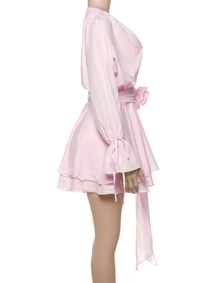 3D Flower Decoration Dress Women Y2K Sweet Style Flare Sleeve Ruched Ribbon Vacation Fashion Summer Mini Bodycon