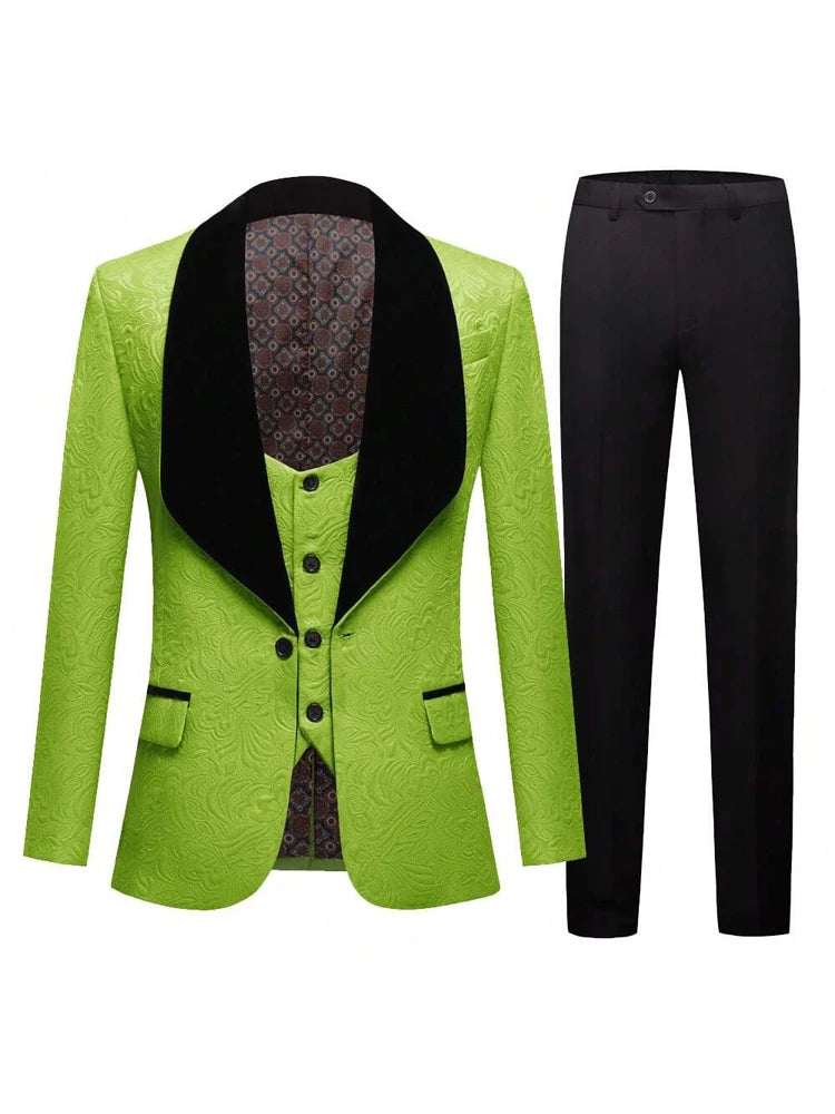 Mens 3 Piece Floral Tuxedo, Jacquard Slim Suit Set, Paisley Blazer Vest and Pants for Prom Wedding