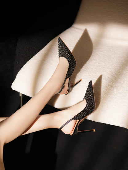 Diamond high heels for women in2025with a single button back strap,sexy wedding shoes for brides,slim heels,pointed toe sandals