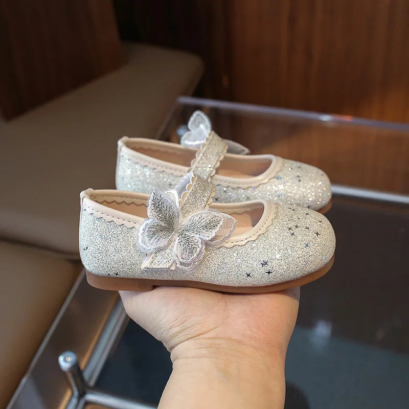 New Girls Princess Shoes Fashion Children's Bow Rhinestone Sequin Kids Shoes Baby Party Student Flat Performance Shoes