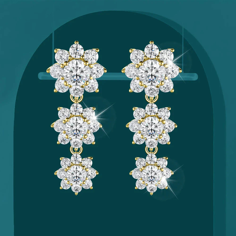 Full Moissanite Drop Earrings for Women Bridal Sun Flower Lab Diamond Stud Earring 925 Sterling Silver Plated Gold Fine Jewelry