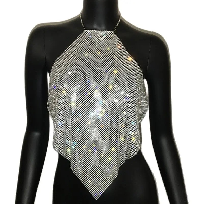 Fashion Summer Backless Tank Top Women Shiny Rhinestone Metal Sequins Halter Neck Camisole Rave Festival Party Crop Tops