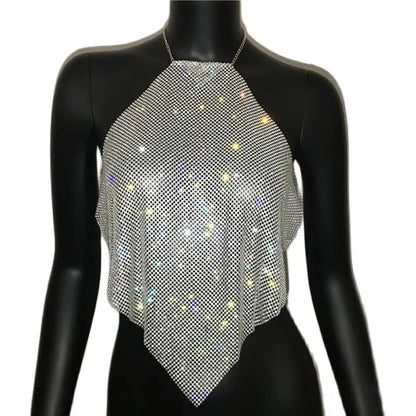 Fashion Summer Backless Tank Top Women Shiny Rhinestone Metal Sequins Halter Neck Camisole Rave Festival Party Crop Tops