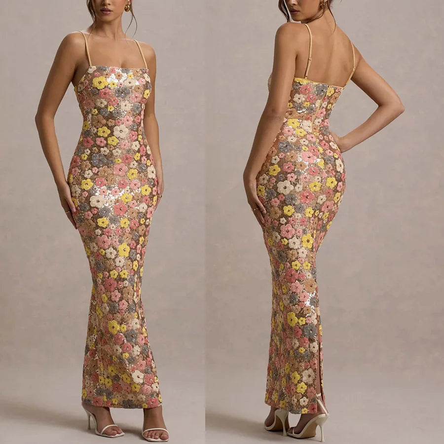 Women Flowers Sequin Patchwork Slim Party Long Dress Strapless Fashion Maxi Dress, Sexy Sleeveless Ladies Dress Vestidos