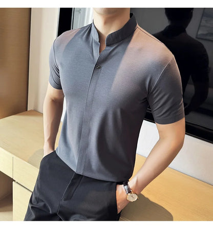 Men's High Elastic V-neck Polo Shirt, Thin Short-sleeve T-shirt, Business Casual Men's Top, 2024 High Quality, M-4XL.