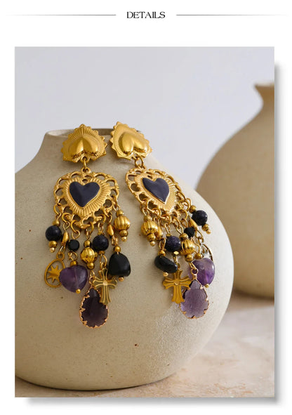 Vintage Stainless Steel Heart Cross Key Charm Pendant Drop Earrings Golden Plated Crystal Resin Stone Waterproof Jewelry