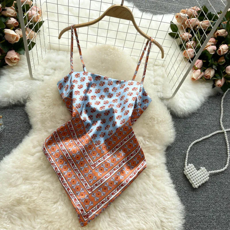 Women Sexy Backless asymmetrical lace-up Camis Print Tank Top Chic One-piece Corset Bustier Summer Beach vacation Crop Top