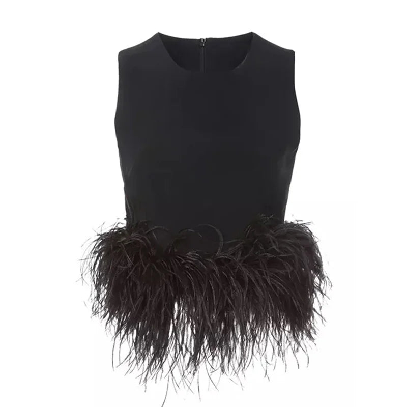 Black Patchwork Feathers Korean Fashion Shirt Top Women Round Neck Sleeveless Slim Tops Female 2021 Summer Clothing