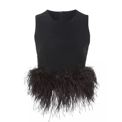 Black Patchwork Feathers Korean Fashion Shirt Top Women Round Neck Sleeveless Slim Tops Female 2021 Summer Clothing