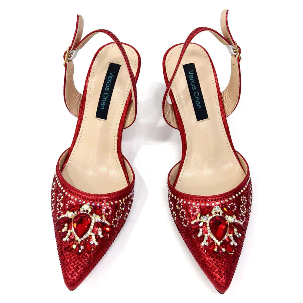Sapatos e Bolsa Nigerianos de Salto Alto para Mulheres na Cor Vermelha, Conjunto de Bolsa com Strass com Design Italiano para Casamento