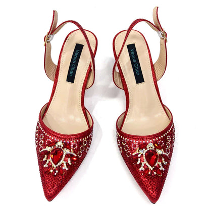 Sapatos e Bolsa Nigerianos de Salto Alto para Mulheres na Cor Vermelha, Conjunto de Bolsa com Strass com Design Italiano para Casamento