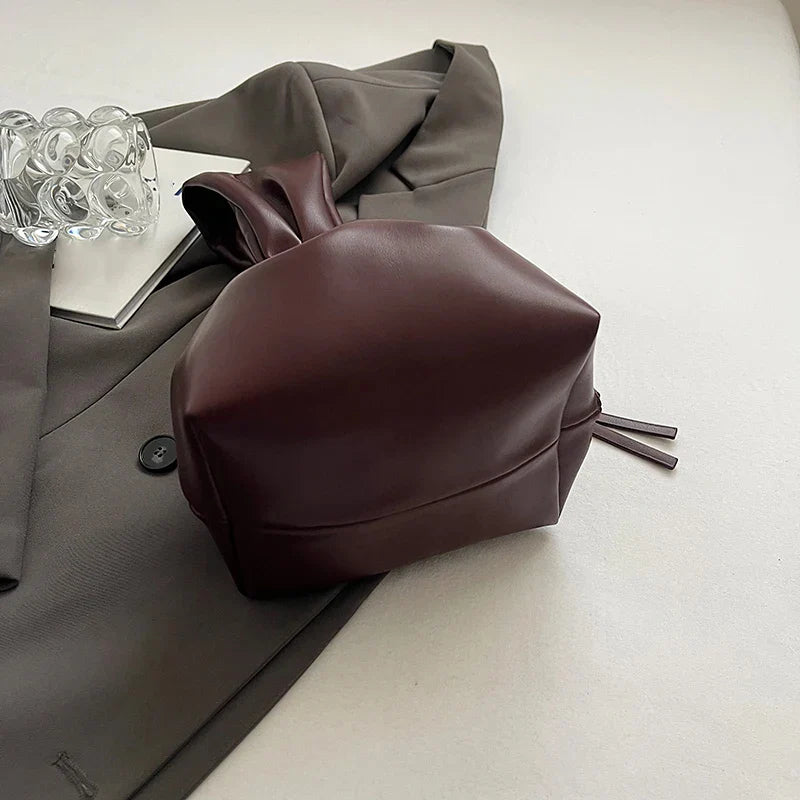 Mini Bolsas de Ombro de Couro PU com Design em Forma de Bolinho, para Mulheres, Modernas, com Nó, Retrô, de Pulso, Bolsas de Mão e Carteiras