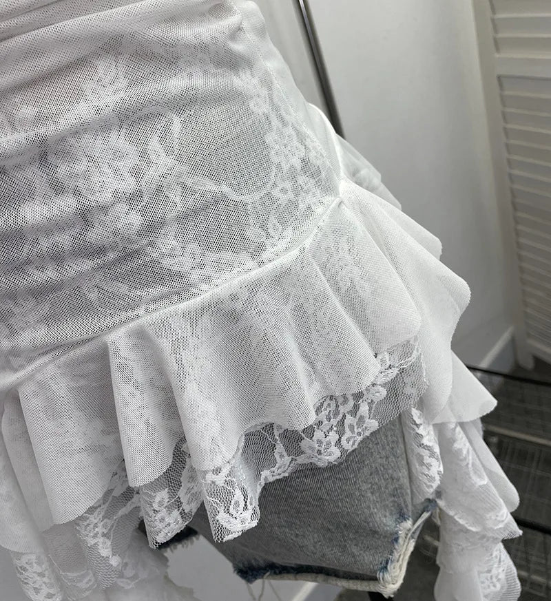 Summer Y2K Camisole for Women Casual Spaghetti Straps Double Layers Lace Stretch Mesh Patchwork Asymmetrical Slim Tops