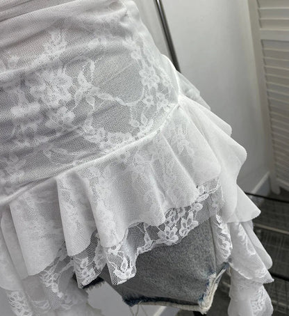 Summer Y2K Camisole for Women Casual Spaghetti Straps Double Layers Lace Stretch Mesh Patchwork Asymmetrical Slim Tops