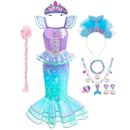 Ariel Cosplay Princess Costume Kids Cartoon Printed Dress Girls Halloween Children Carnival Birthday Party Clothes