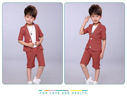 2022 Children Summer Formal Suit Boys Blazer+Shorts 2Pcs Photograph Set Kids Plaid Wedding Performance Dress Ceremony Costume
