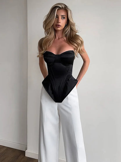 Sexy Fishbone Strapless Short Top Lady Chic Sleeveless Off-shoulder Backless Waist Cinching Blouse Women Vacation Party Tops