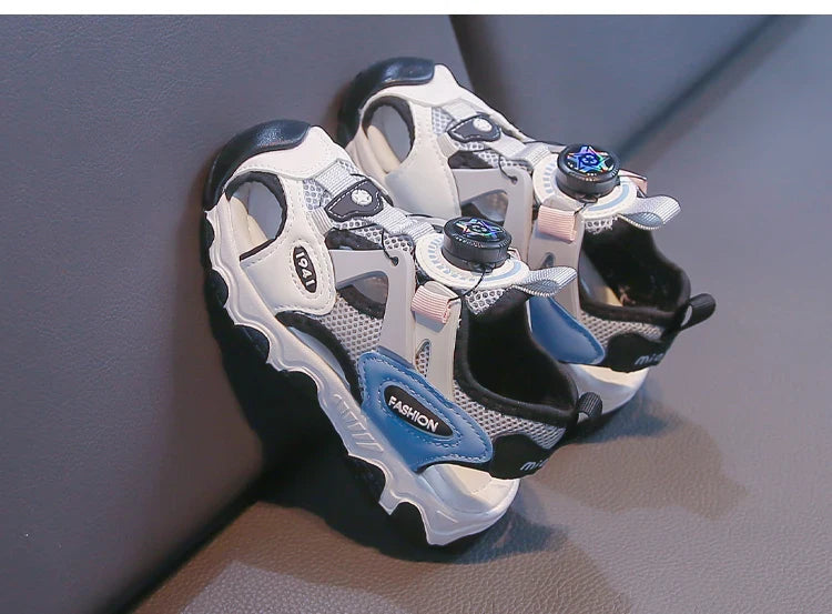 Kids Shoes Rotating Button Closed-Toe Boys Sandals Breathable Mesh Sport Shoes for Boys, Non-Slip Children Summer Sneakers