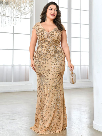 Plus Size Elegant Blue Evening Dress For Women 2024 Luxury Long Mermaid Formal Sequins V-neck Prom Wedding Party Gown