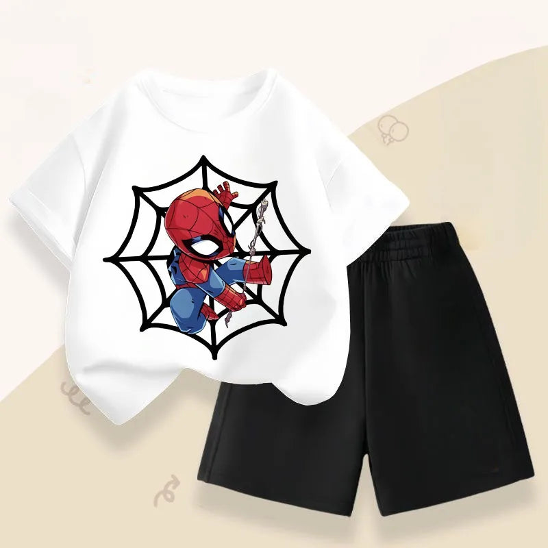 2026 Marvel Boys Casual Outfits Children Breathable T Shirt Shorts Two Piece Set Summer Kids Cartoon Print Sport Clothing Suit