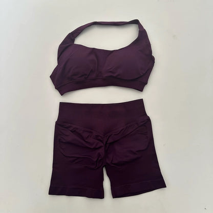 Yoga Shorts Set Seamless Yoga Set Workout Scrunch Shorts Sets Halter Sports Bra Scrunch Shorts Fitness Clothes Gym Suit