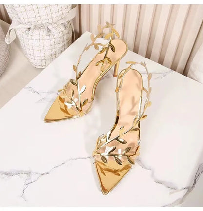 Star style Summer Fashion Sequined Patent Leather Leaf Women Sandals Elegant pointed toe Stiletto High heels Prom Dresses Shoes