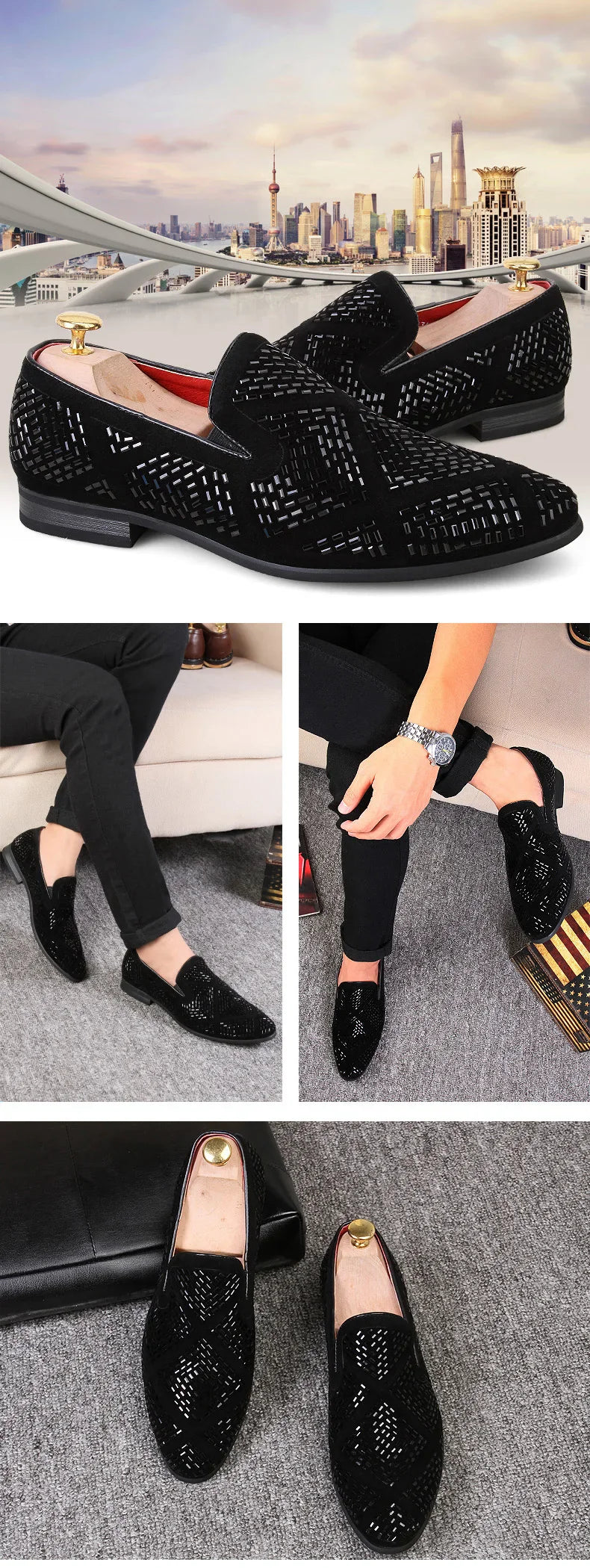Novos mocassins europeus de indústria pesada versão coreana, mocassins masculinos jovens de cano baixo cravejados de diamantes, sapatos de couro pontudos respiráveis