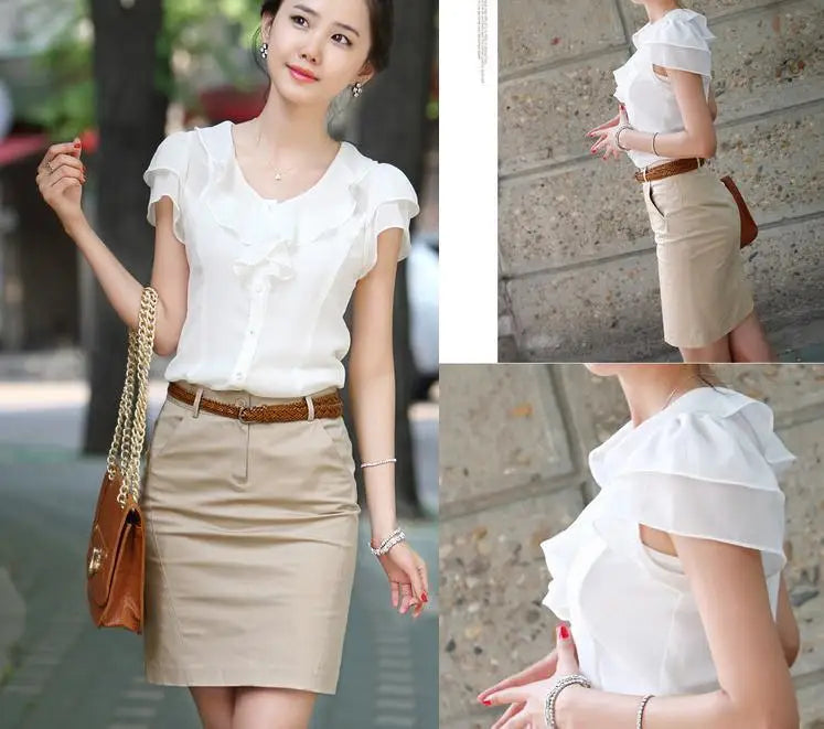 1pcs Woman Summer Korean Ruffled Shirt Lady Chiffon Lotus Leaf Sleeves Turndown Collar Slim Fit Shirt Female Business Attire Top