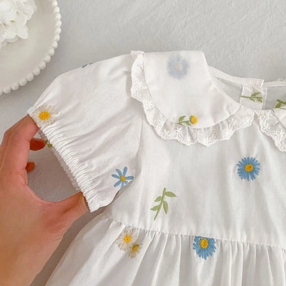 2026 Girls Dress Korean Edition Summer New 2-6Yrs Cotton Embroidered Flower Short Sleeve Girls' Dress Cute Dress
