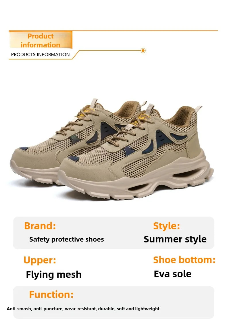 Summer Safety Shoes Anti-puncture Khaki Lightweight Breathable Men's Safety boots Durable Impact Resistant Work Sneaker
