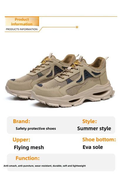 Summer Safety Shoes Anti-puncture Khaki Lightweight Breathable Men's Safety boots Durable Impact Resistant Work Sneaker
