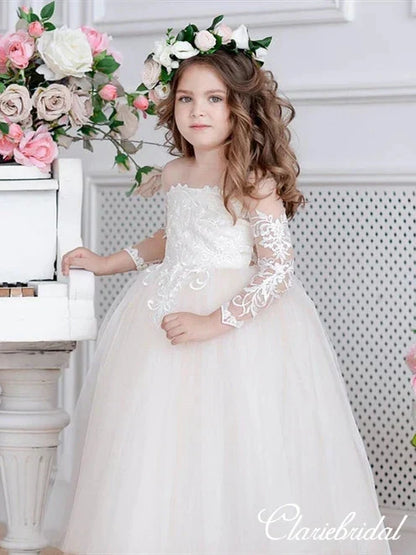 Communion Girl Dress Lace Appqulies Bodice Floor-length Skirt Puffy Dress with Long Train Formal Party Toddler Clothe