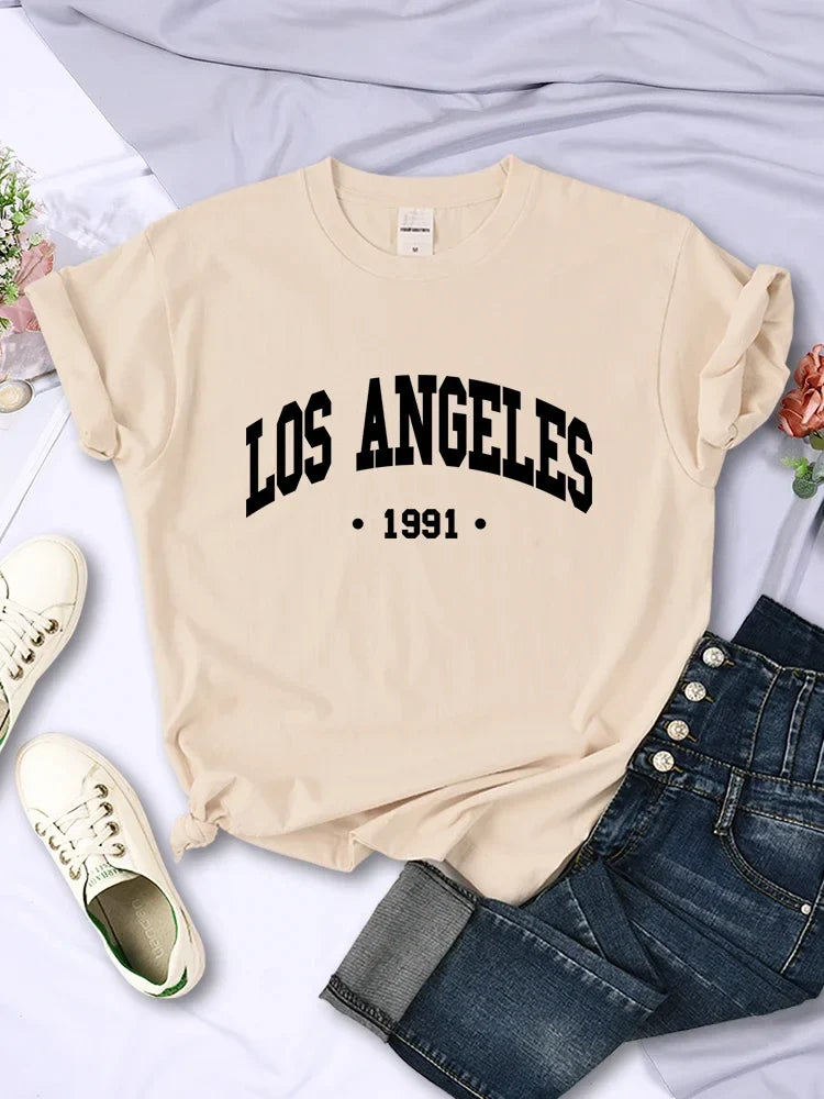 Los Angels 1991 Usa City Letter Printing Women T Shirt Street Summer Tshirt Simple Casual Short Sleeve Breathable Cool T-Shirt