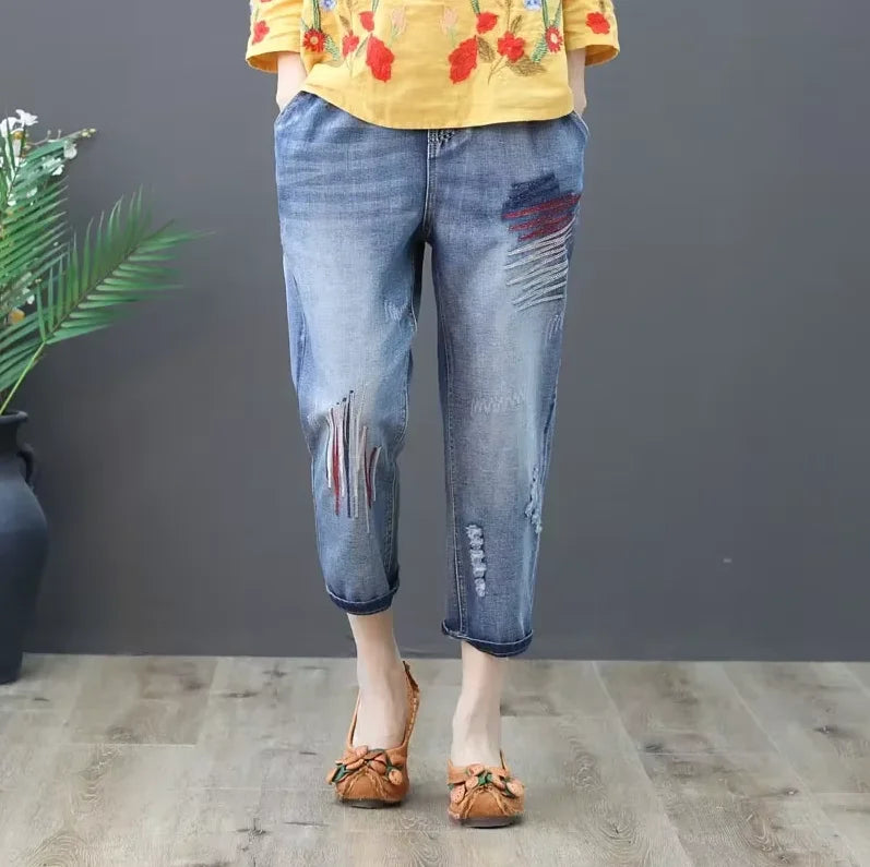 Womens Vintage Floral Loose Denim Pants 2025 Spring Chinese Style Casual Ripped Blue Jeans Holes Elastic Harem Trousers