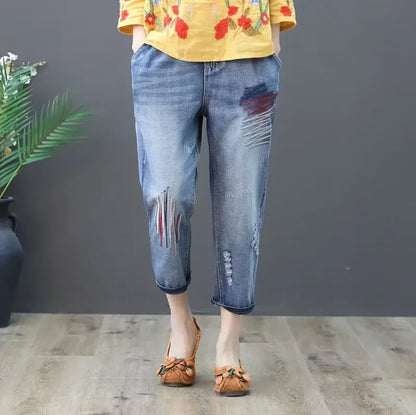 Womens Vintage Floral Loose Denim Pants 2025 Spring Chinese Style Casual Ripped Blue Jeans Holes Elastic Harem Trousers