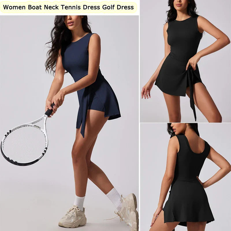 Boat Neck Tennis Dress Golf Dress for Women with Buit-in Short Sleeveless Backless Sarong Wrap Active Dress Workout Romper Dress