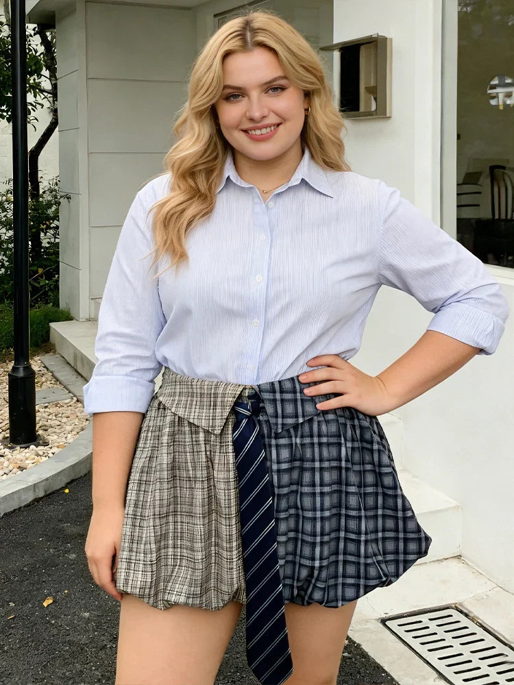 New Big Size Lolita Patchwork Short Skirt Tie Plaid Puff Mini Skirts Korean Popular Women's Clothes Plus Size Y2k Skirt Party