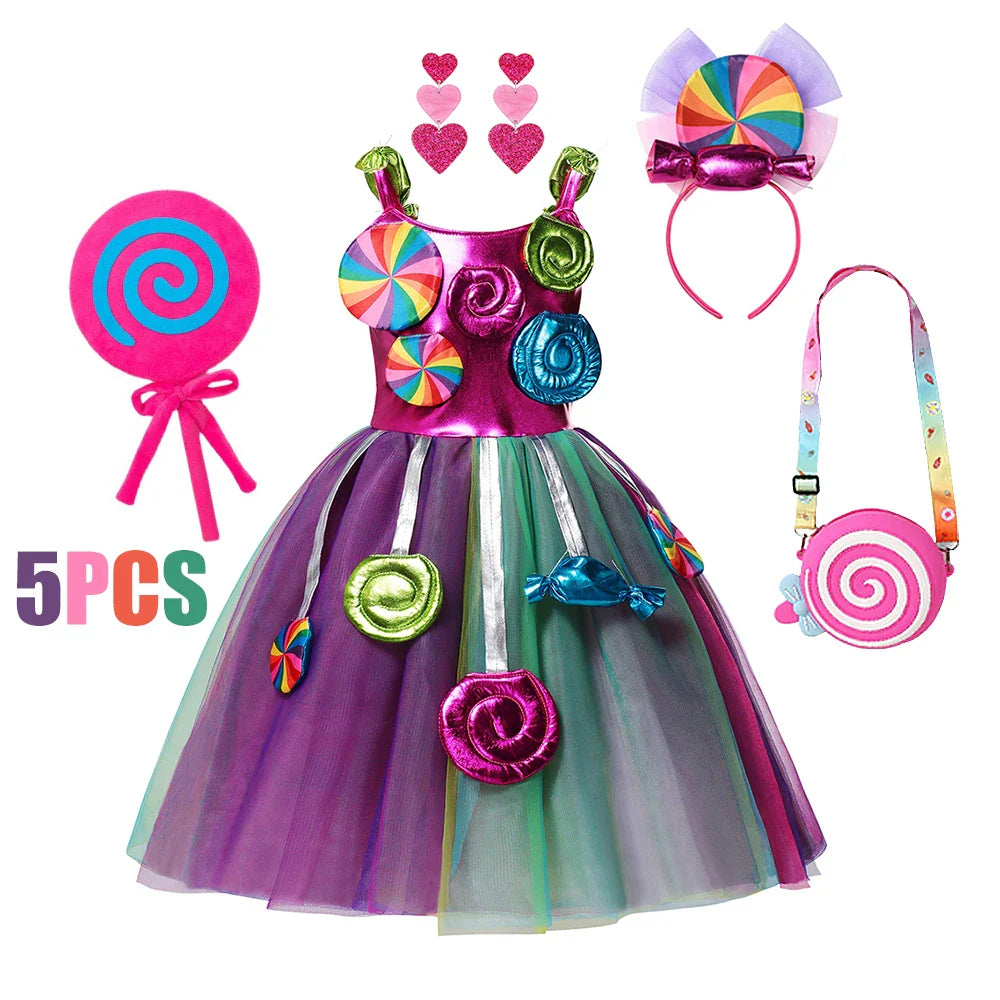 Girls Rainbow Dress Candy Costume Sweet Lollipop Festival Purim Carnival Party 3-10y Children Clothing with Candy Wing Stage Sho