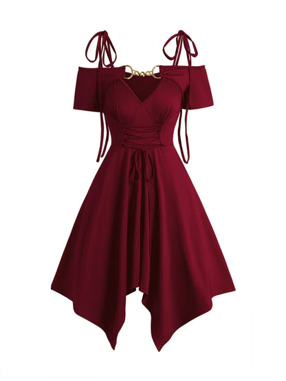 Women's Dress Cold Shoulder Lace Up Asymmetric Dress Tie Knot Shoulder Chain Solid Color Short Sleeve Dress