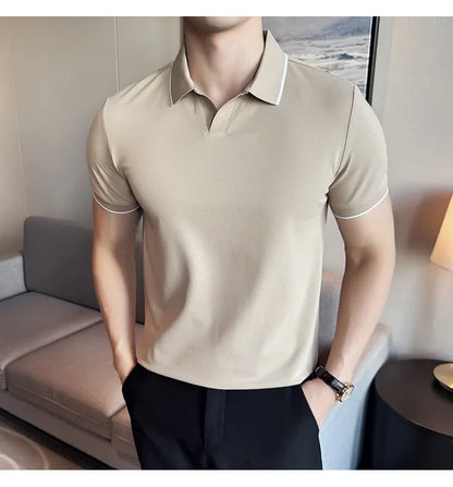 Business Casual Solid Color Men's Polo Shirt, 2024 Summer Classic, Men Short Sleeve V-neck T-shirt, Slim Fit Spliced Polo 4XL-M