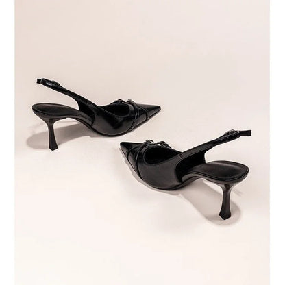 Sapatos de Salto Agulha Elegantes com Fivela, Bico Fino, Boca Rasa, para o Verão, Sapatos Femininos Pretos NO:602