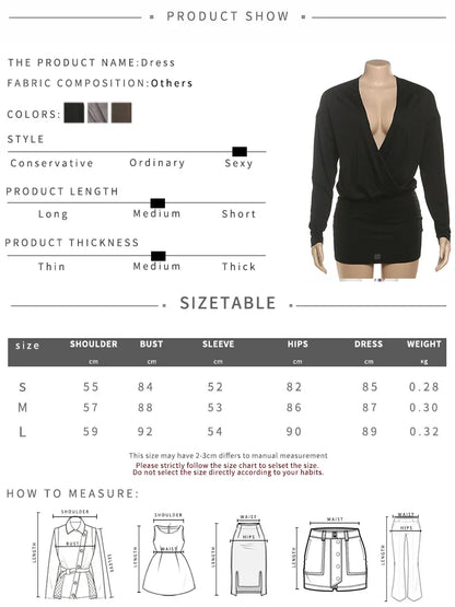Cross Deep V-Neck Dress Women Full Sleeve Stretch Solid Midnight Street Clubwear Party Autumn Trend Elegant Mini Bodycon