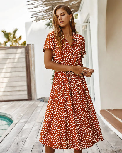 Vintage Floral Print Dress Women Boho Short Sleeve Long Dress Turn Down Collar Casual Waistband Shirt Dresses Robe 2021 Summer